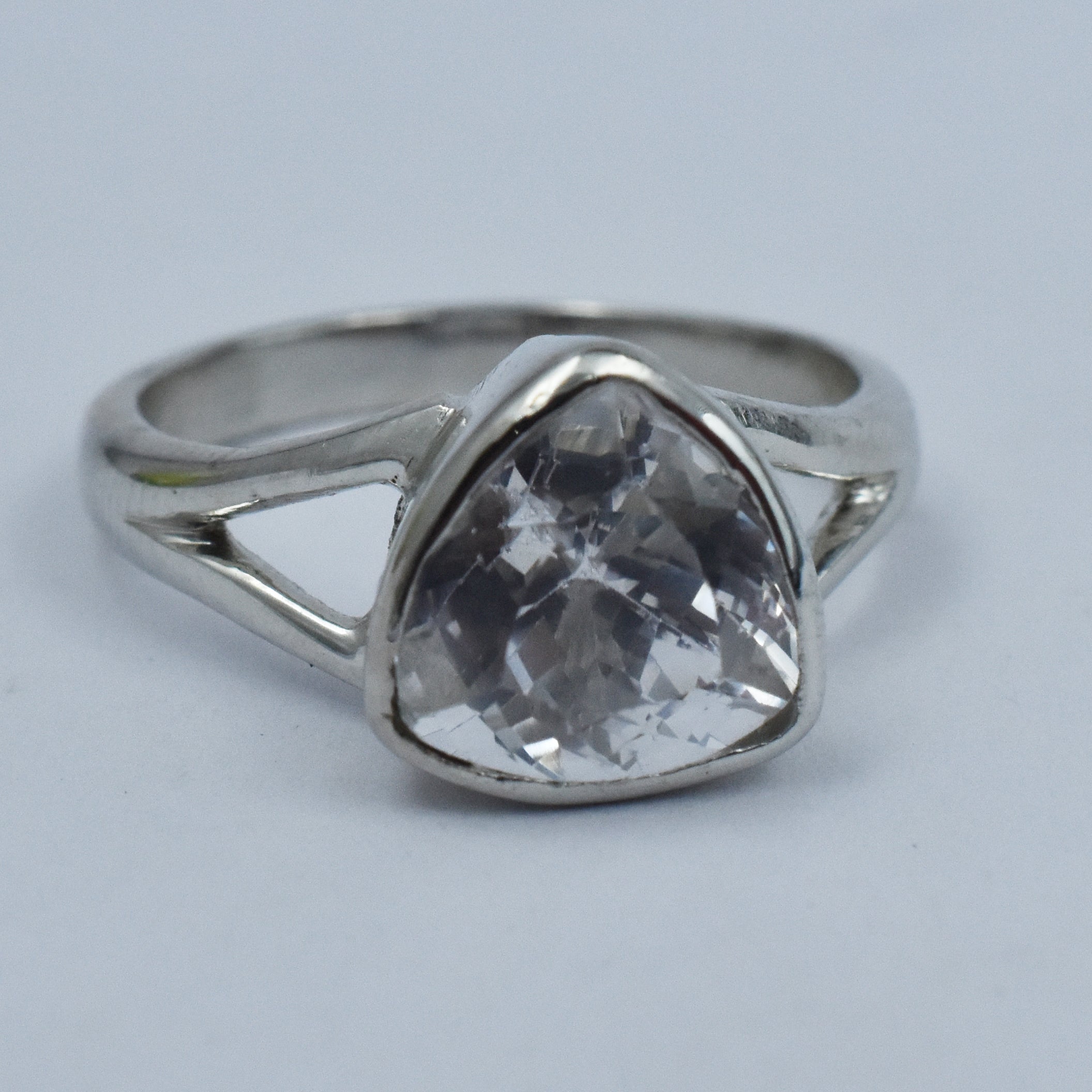 Silver Sapphire Ring White Color Ring Size 8 18.85 Ct Trillion Cut Ring Gemstone