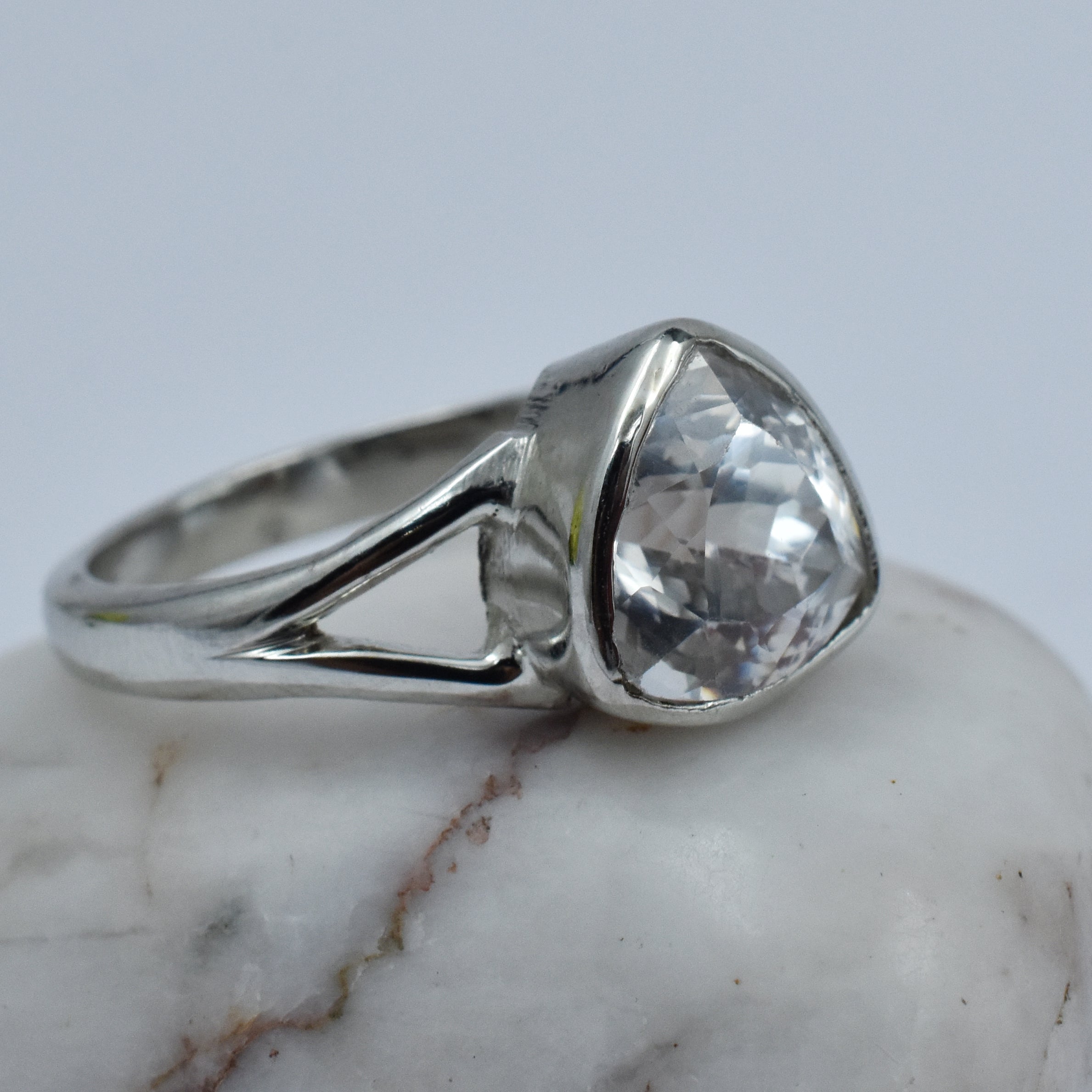 Silver Sapphire Ring White Color Ring Size 8 18.85 Ct Trillion Cut Ring Gemstone