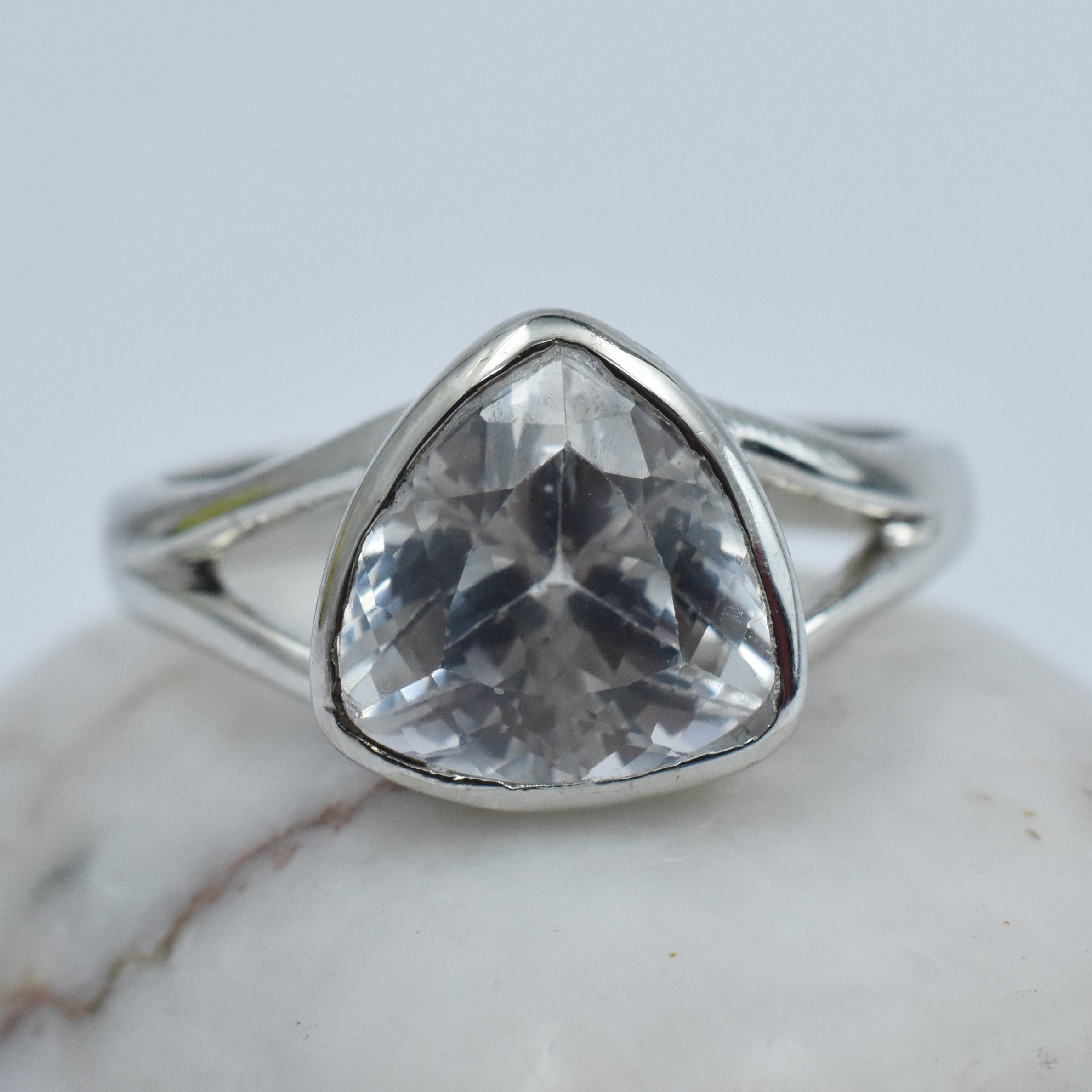 Silver Sapphire Ring White Color Ring Size 8 18.85 Ct Trillion Cut Ring Gemstone