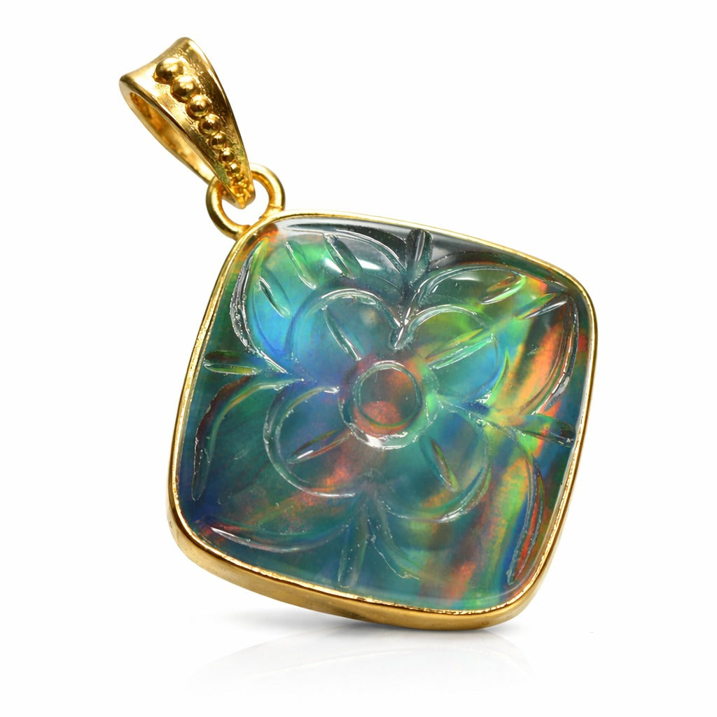 Multicolor 37.55Ct Natural Opal CERTIFIED 18K Gold Plated Square Cushion Pendant