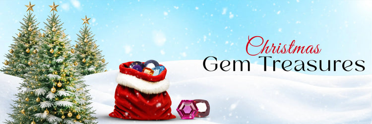 Christmas-themed banner with Santa Claus, Christmas trees, and a gemstone on a snowy background.