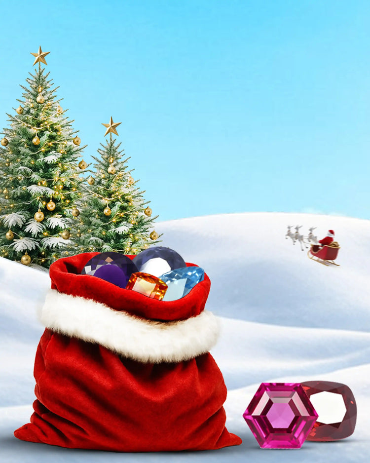 Red Santa sack with toys, Christmas trees, and a snowy landscape with a sleigh.