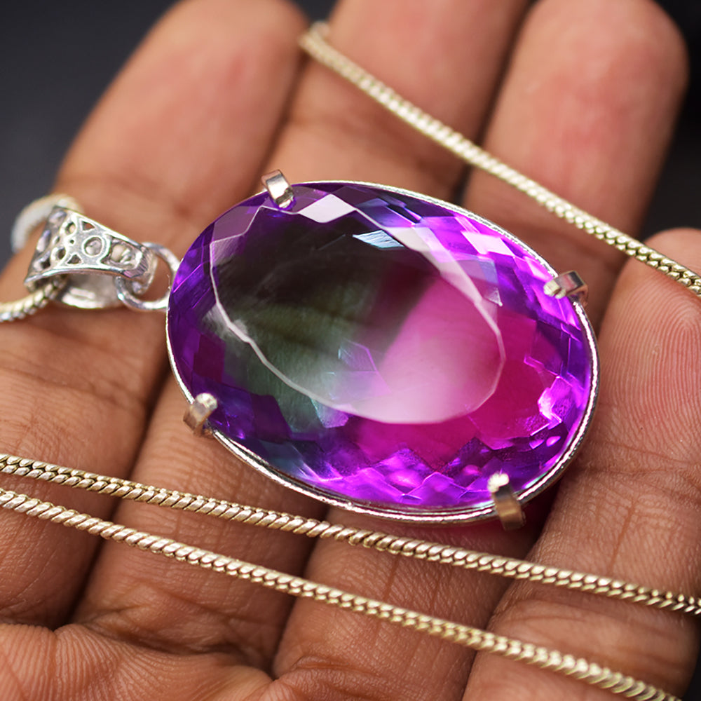 CERTIFIED 113.15 Ct Oval 925 Sterling Silver  Bi-Color Sapphire Gems Pendant