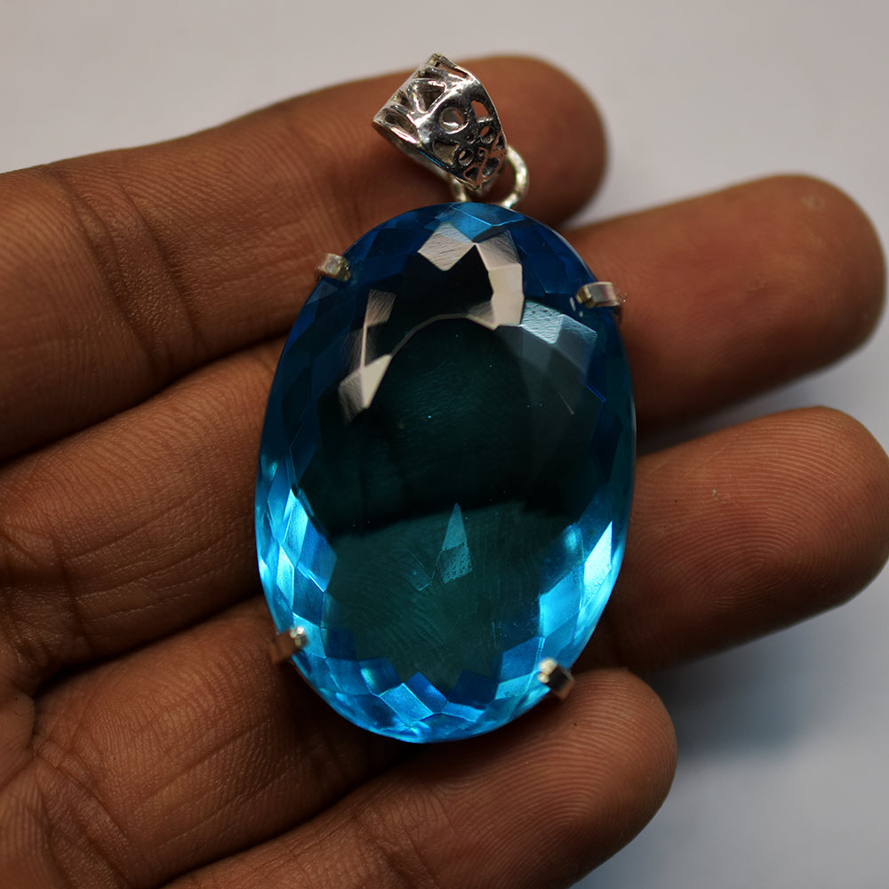 Lab Created Aquamarine Pendant Oval Cut 111.4 Ct Blue Stone CERTIFIED For Gift