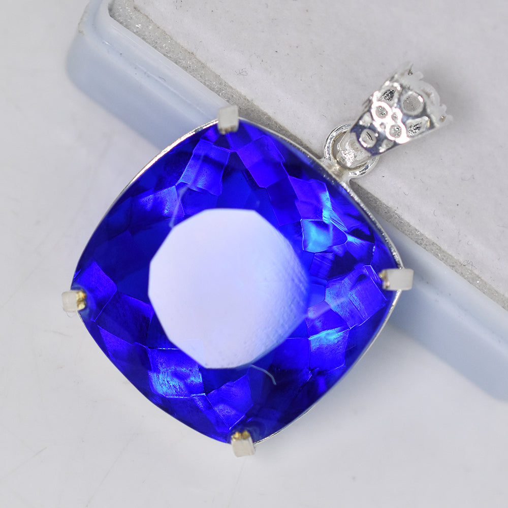 CERTIFIED 88 Ct Square Cushion 925 Sterling Silver Blue Tanzanite Stone Pendant