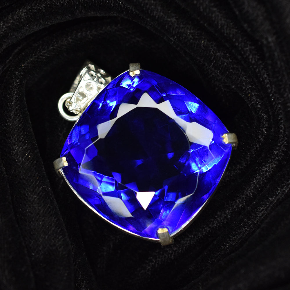 CERTIFIED 88 Ct Square Cushion 925 Sterling Silver Blue Tanzanite Stone Pendant