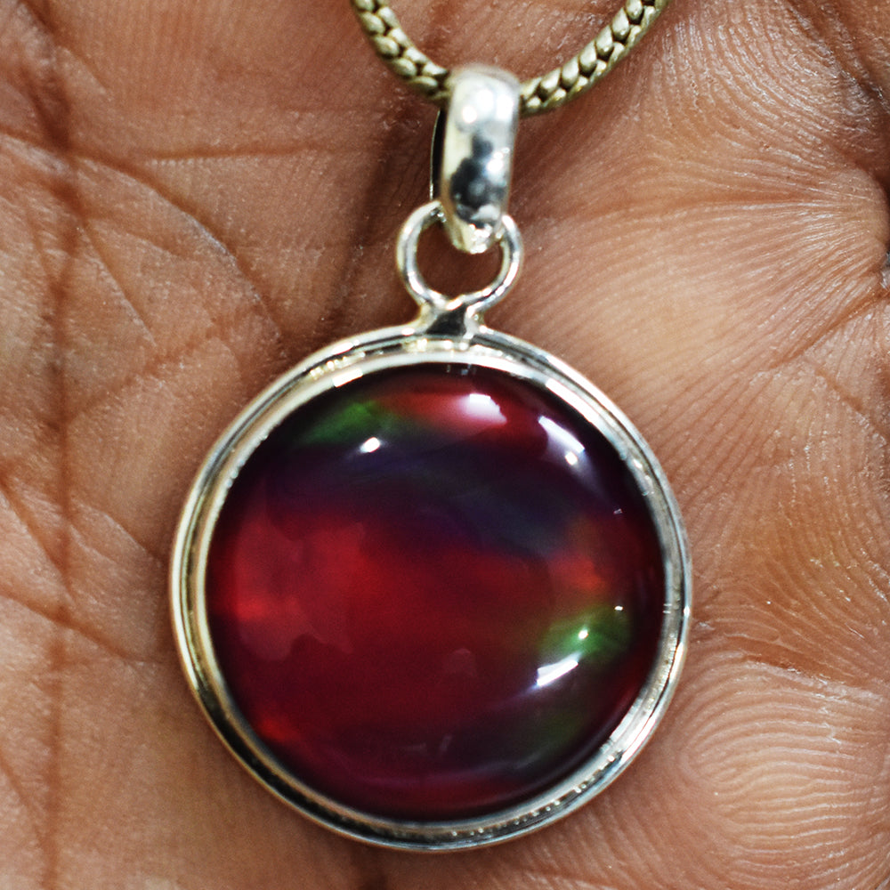 Brazilian Natural Opal CERTIFIED 22Ct 925 Sterling Silver Round Pendant For Gift