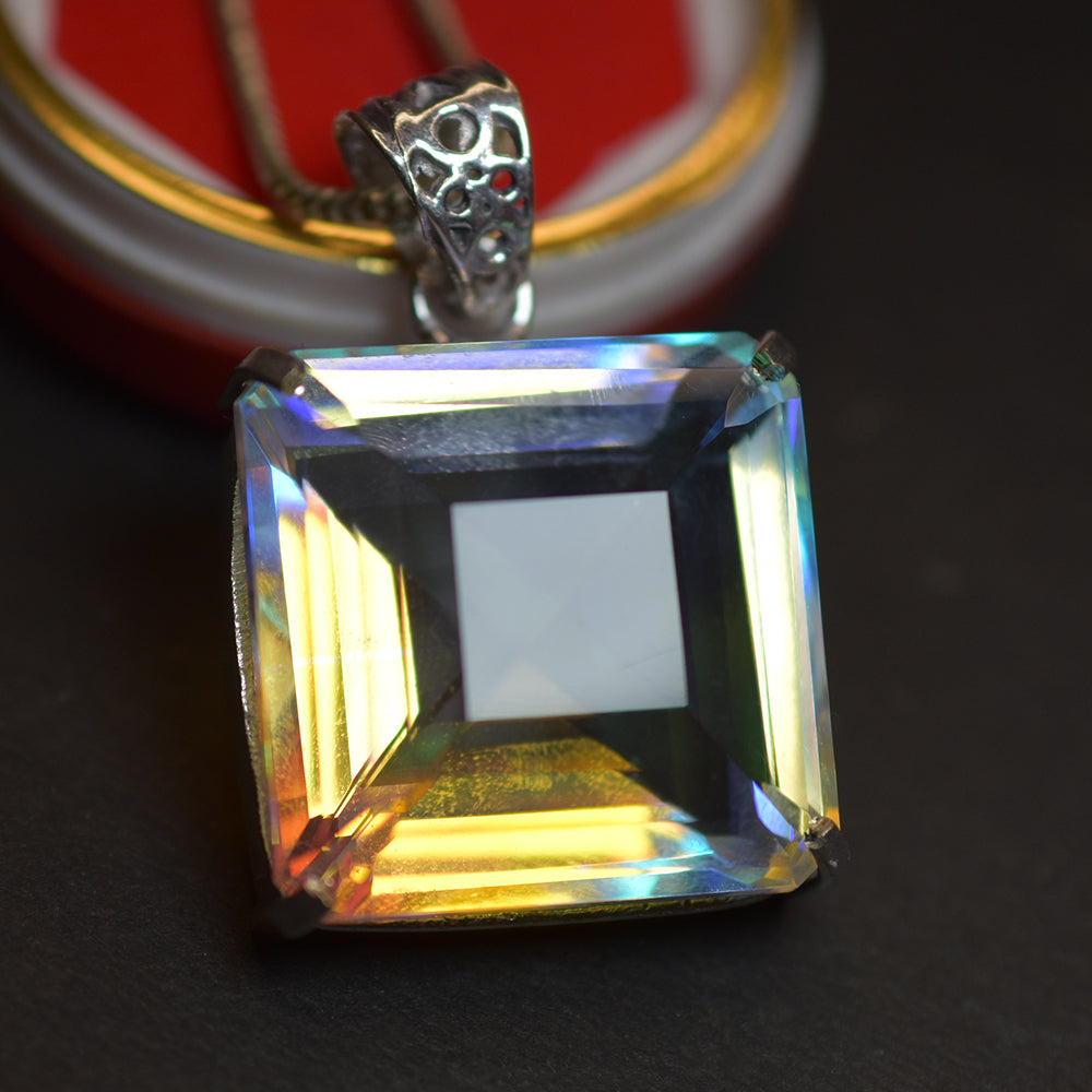 Certified 67 Ct Natural Mystic Topaz Pendant 925 Sterling Silver Square Gemstone