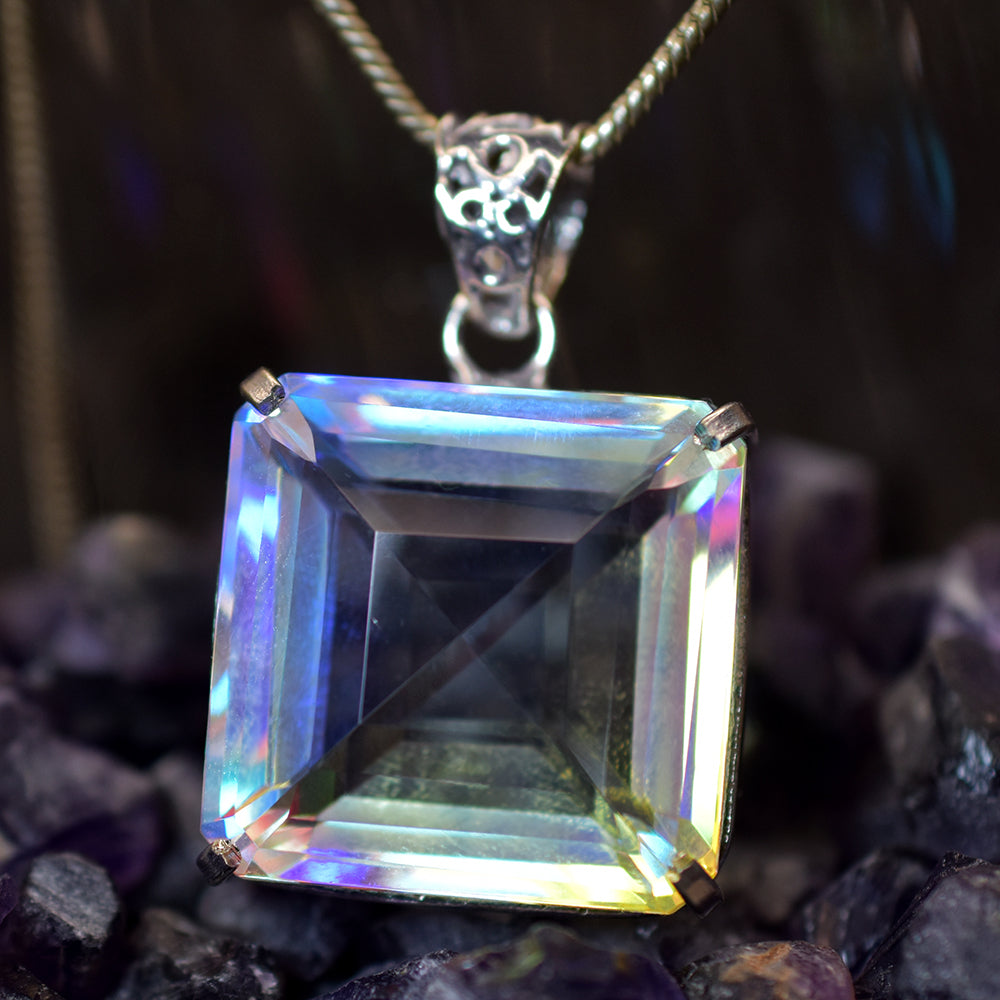 Certified 67 Ct Natural Mystic Topaz Pendant 925 Sterling Silver Square Gemstone