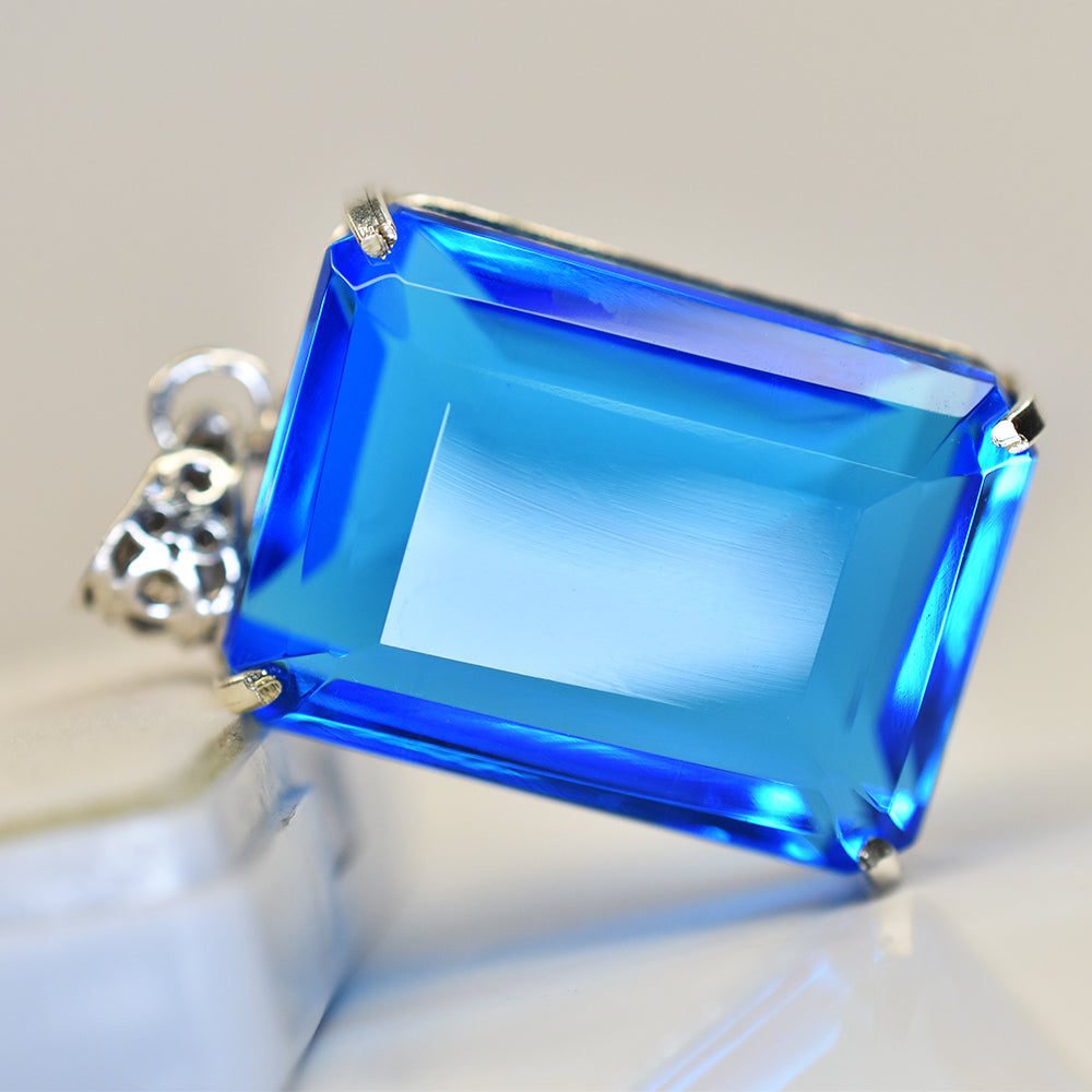 Brazilian Natural Blue Topaz 129 Ct 925 Sterling Silver Pendant Emerald Gemstone