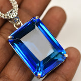 Brazilian Natural Blue Topaz 129 Ct 925 Sterling Silver Pendant Emerald Gemstone