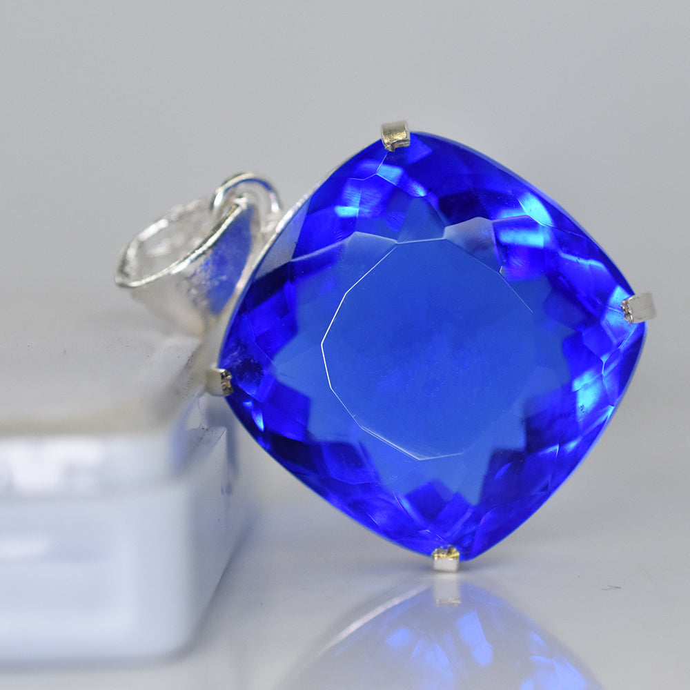 BLUE Sapphire 91 Ct CERTIFIED Square Cushion 925 Sterling Silver GEMS Pendant