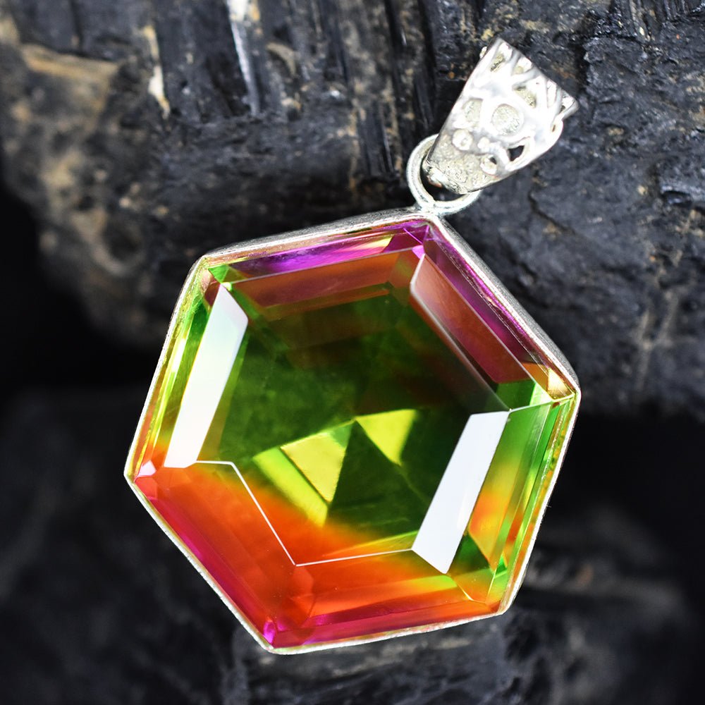 CERTIFIED 925 Sterling Silver 84 Ct Bi-Color Tourmaline Gems Pendant Lab Created