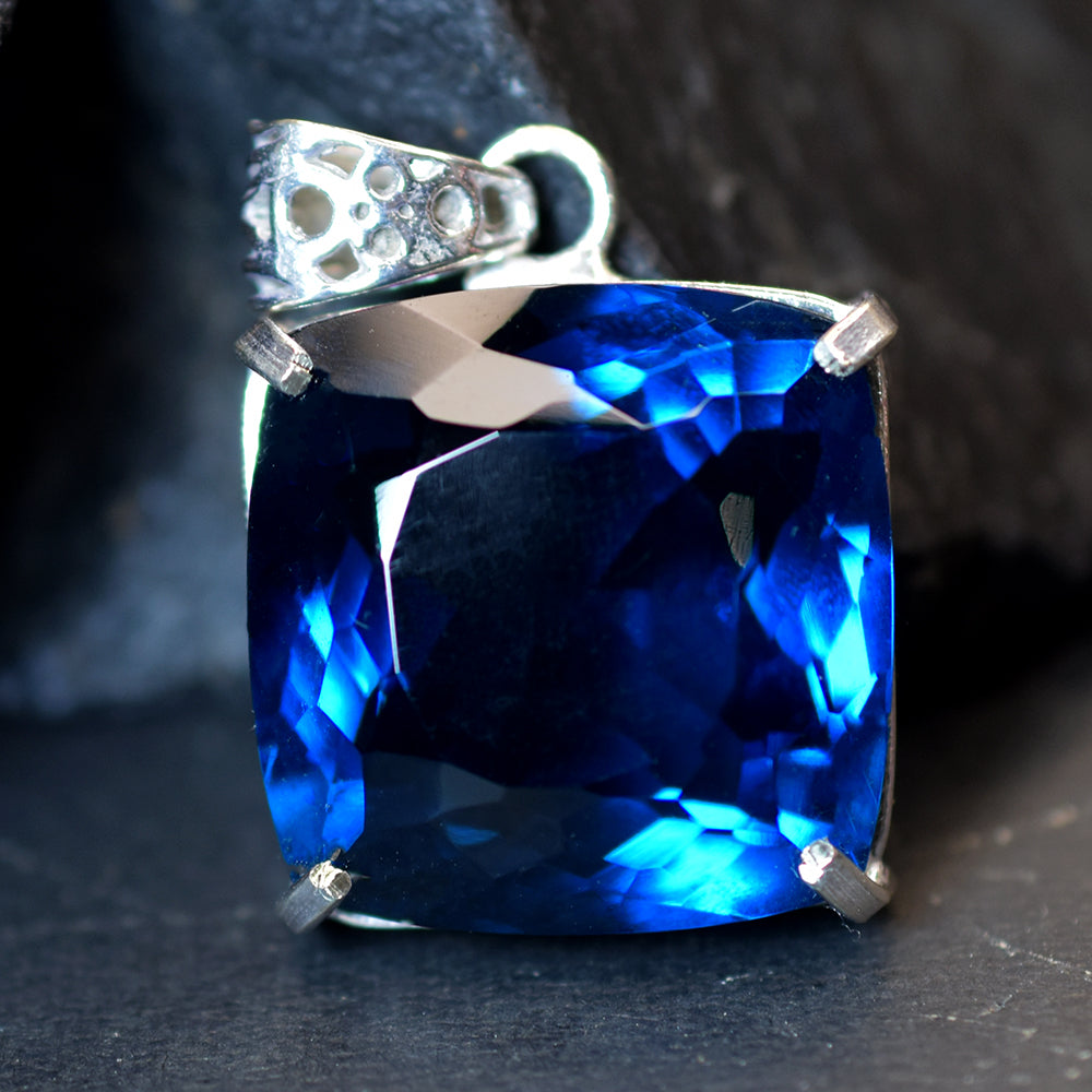Blue Topaz Pendant Square Cushion 925 Sterling Silver Natural 124 Ct CERTIFIED