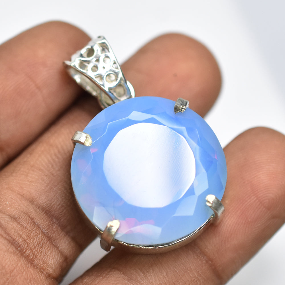 48.20 Ct Round Cut CERTIFIED Opal 925 Sterling Sliver Natural Gemstone Pendant