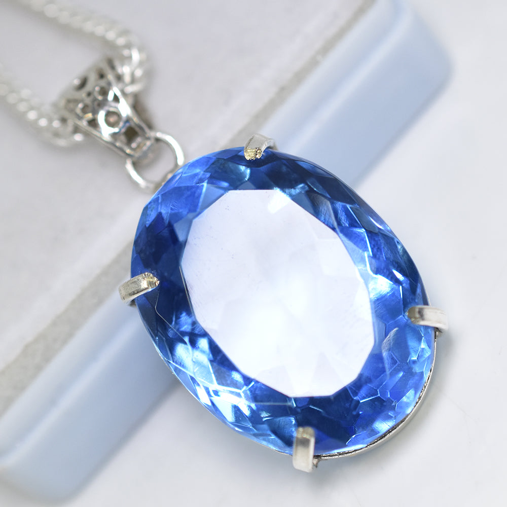 141 Ct Wonderful Pendant Natural Topaz Oval Shape Gemstone Blue Sterling Silver
