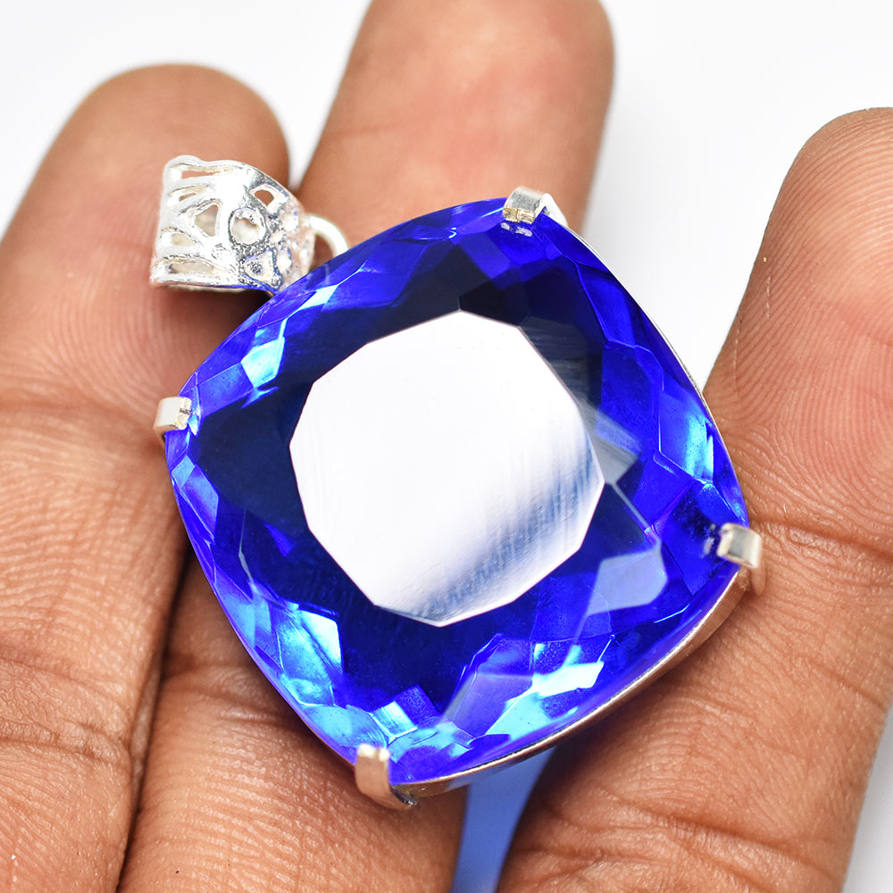 Lab Created 91.9 Ct CERTIFIED Sapphire 925 Sterling Silver Blue Gems Pendant