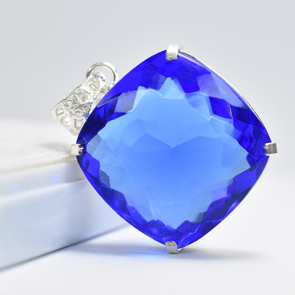 Lab Created 91.9 Ct CERTIFIED Sapphire 925 Sterling Silver Blue Gems Pendant