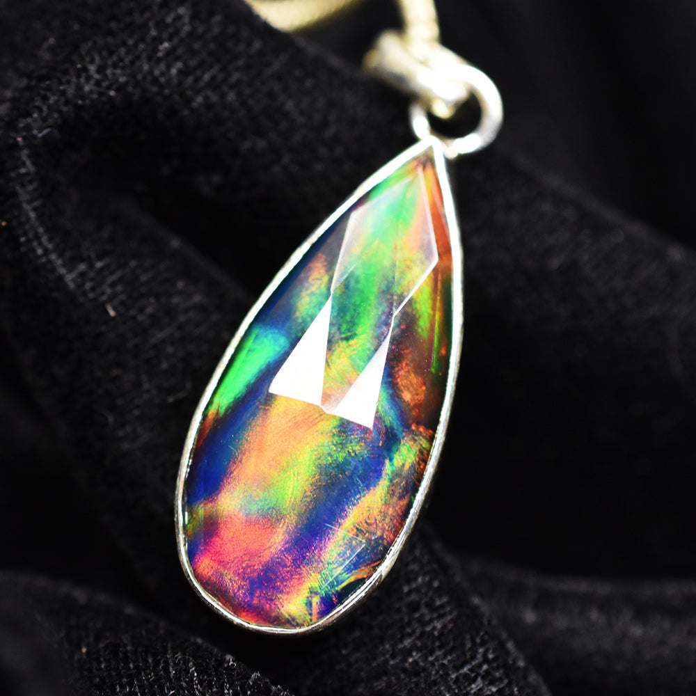 CERTIFEID Natural Ammolite 22 Ct Pear 925 Sterling Silver Pendant Birthdy Gift
