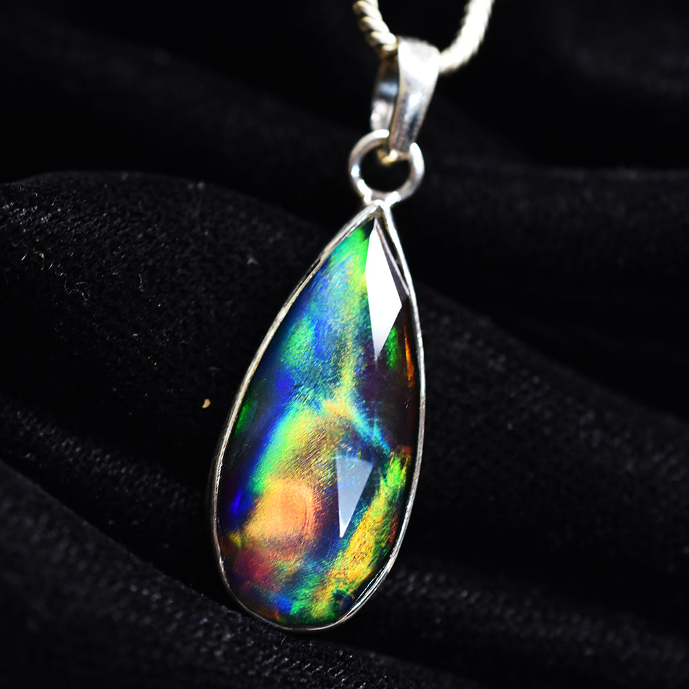 CERTIFEID Natural Ammolite 22 Ct Pear 925 Sterling Silver Pendant Birthdy Gift