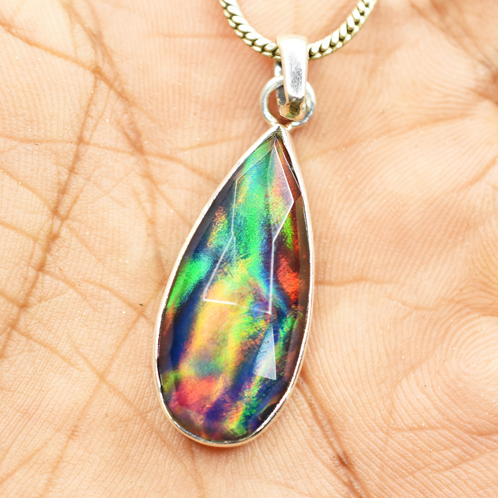 CERTIFEID Natural Ammolite 22 Ct Pear 925 Sterling Silver Pendant Birthdy Gift