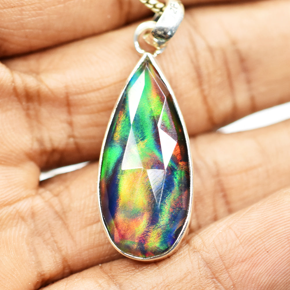CERTIFEID Natural Ammolite 22 Ct Pear 925 Sterling Silver Pendant Birthdy Gift