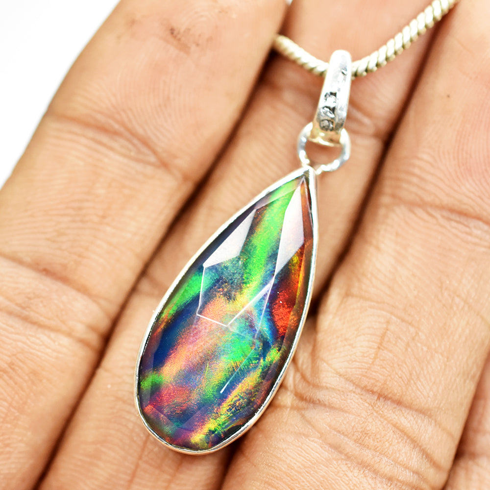 CERTIFEID Natural Ammolite 22 Ct Pear 925 Sterling Silver Pendant Birthdy Gift