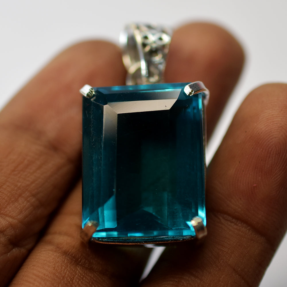 CERTIFIED Blue Sapphire Pendant 925 Sterling Silver Natural Emerald stone 58 Ct