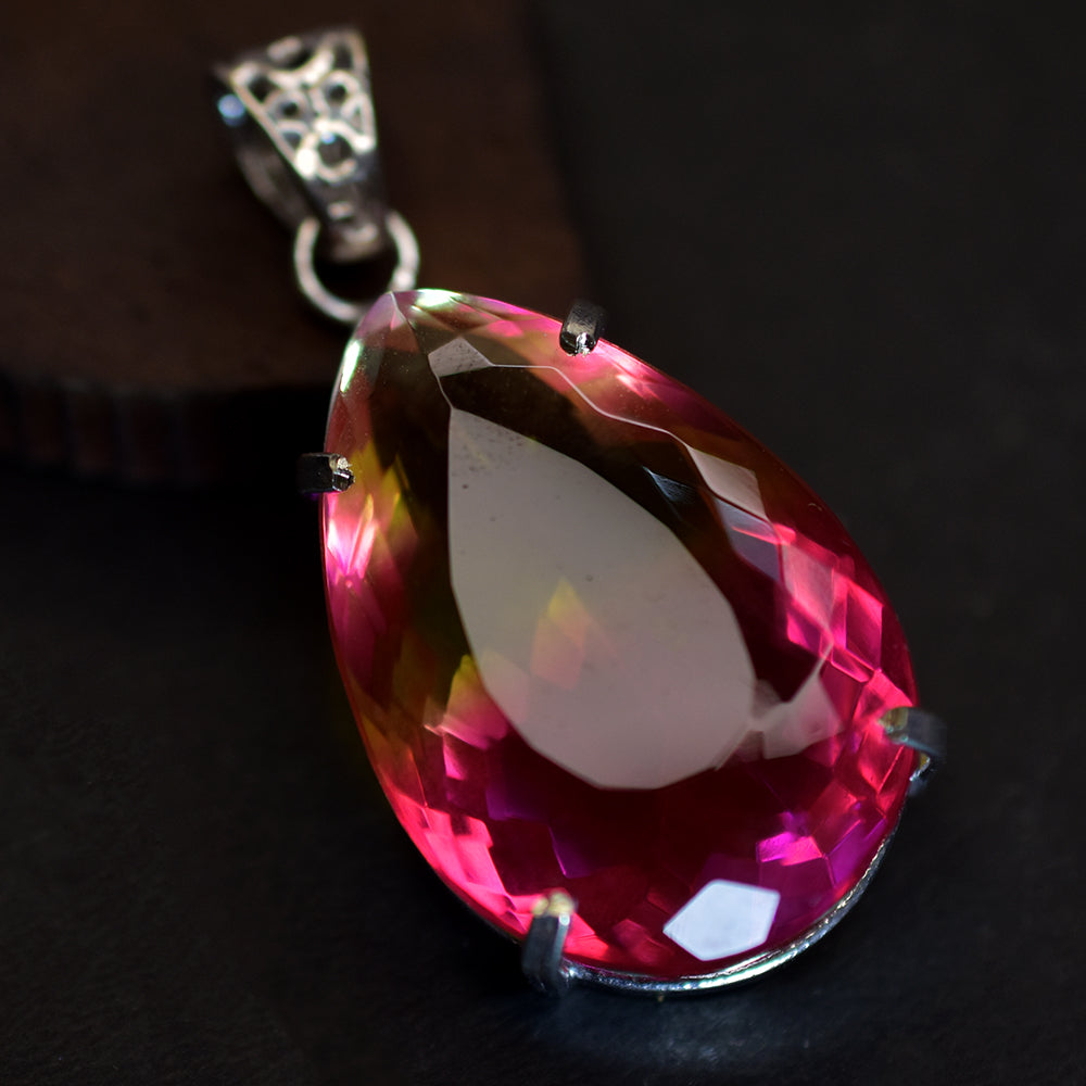 Lab Created Pendant Bi-Color Sapphire 925 Sterling Silver Pear 100 Ct CERTIFIED