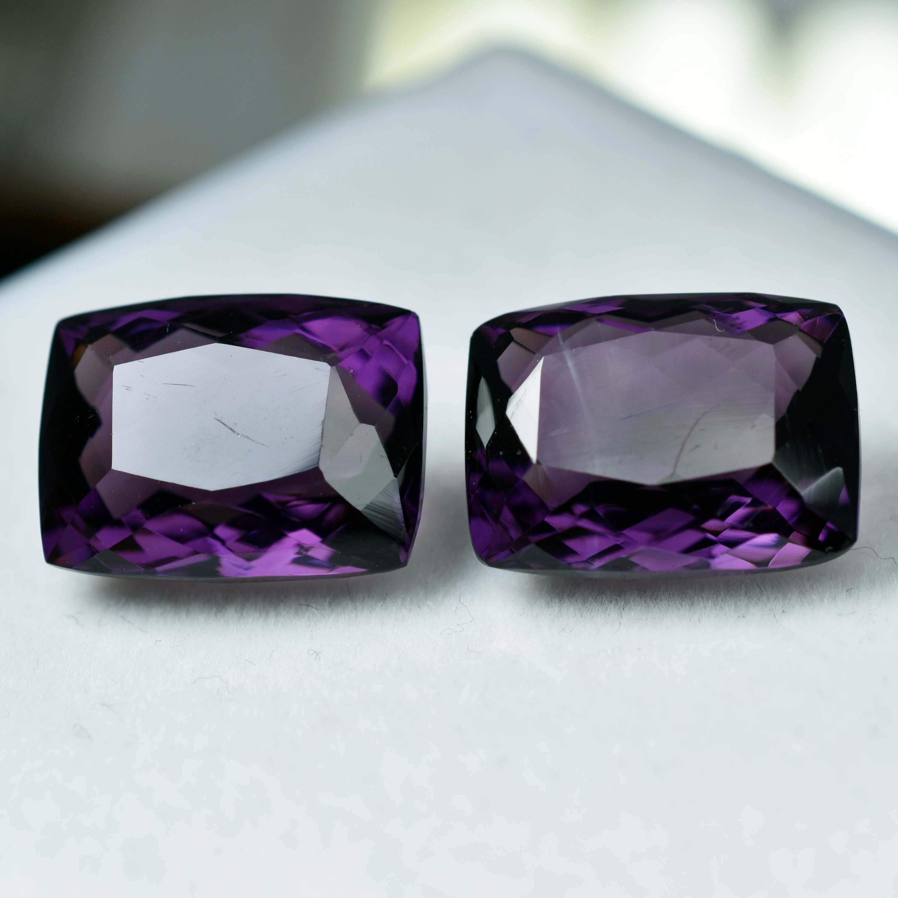 CERTIFIED 16.00 Natural Amethyst Purple Cushion Cut Rare Loose Gemstone Pair