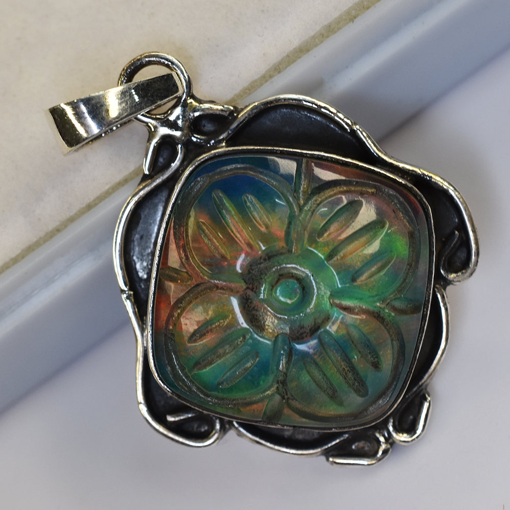 Natural 47 Ct Square Cushion Certified 925 Sterling Silver Opal Gems Pendant