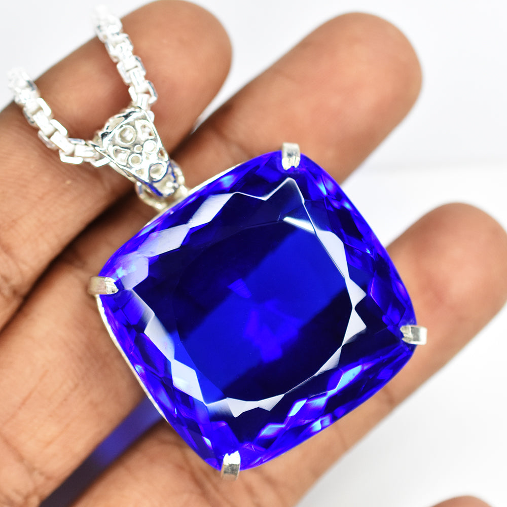 120 Ct Blue Topaz 925 Sterling Silver Pendant Natural Square Cut CERTIFIED Gems