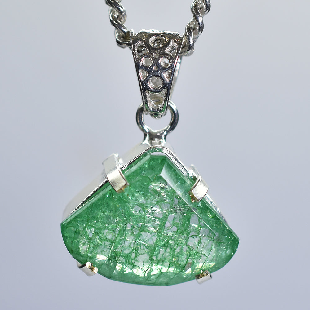Natural Green Emerald 38 Ct CERTIFIED 925 Starling Silver Fancy Cut Pendant