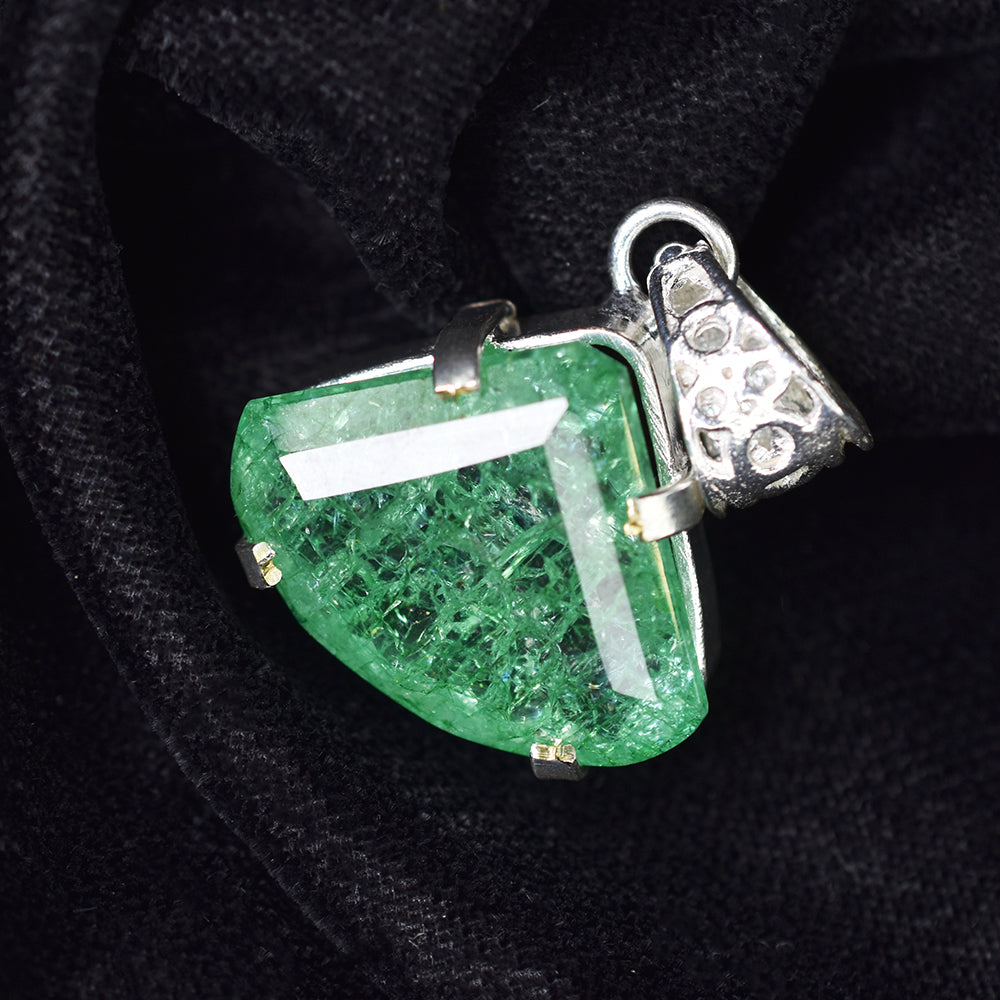 Natural Green Emerald 38 Ct CERTIFIED 925 Starling Silver Fancy Cut Pendant