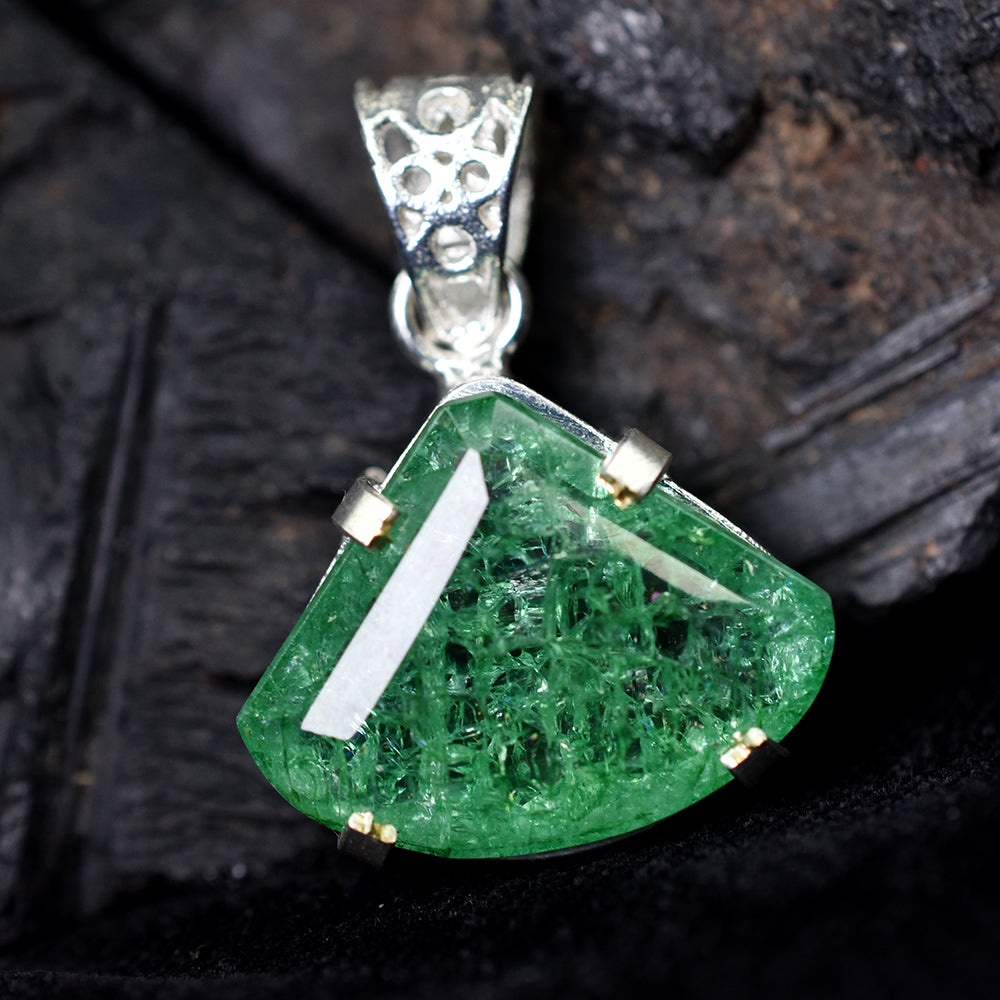 Natural Green Emerald 38 Ct CERTIFIED 925 Starling Silver Fancy Cut Pendant