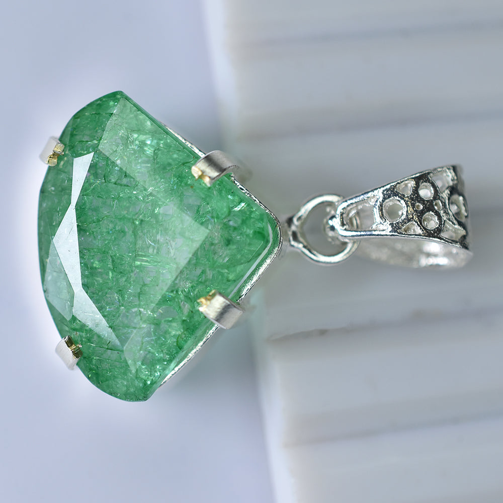 Natural Green Emerald 38 Ct CERTIFIED 925 Starling Silver Fancy Cut Pendant