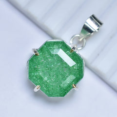 Zambian CERTIFIED 44 Ct Natural Green Emerald 925 Starling Silver Square Pendant