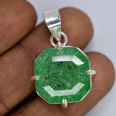 Zambian CERTIFIED 44 Ct Natural Green Emerald 925 Starling Silver Square Pendant