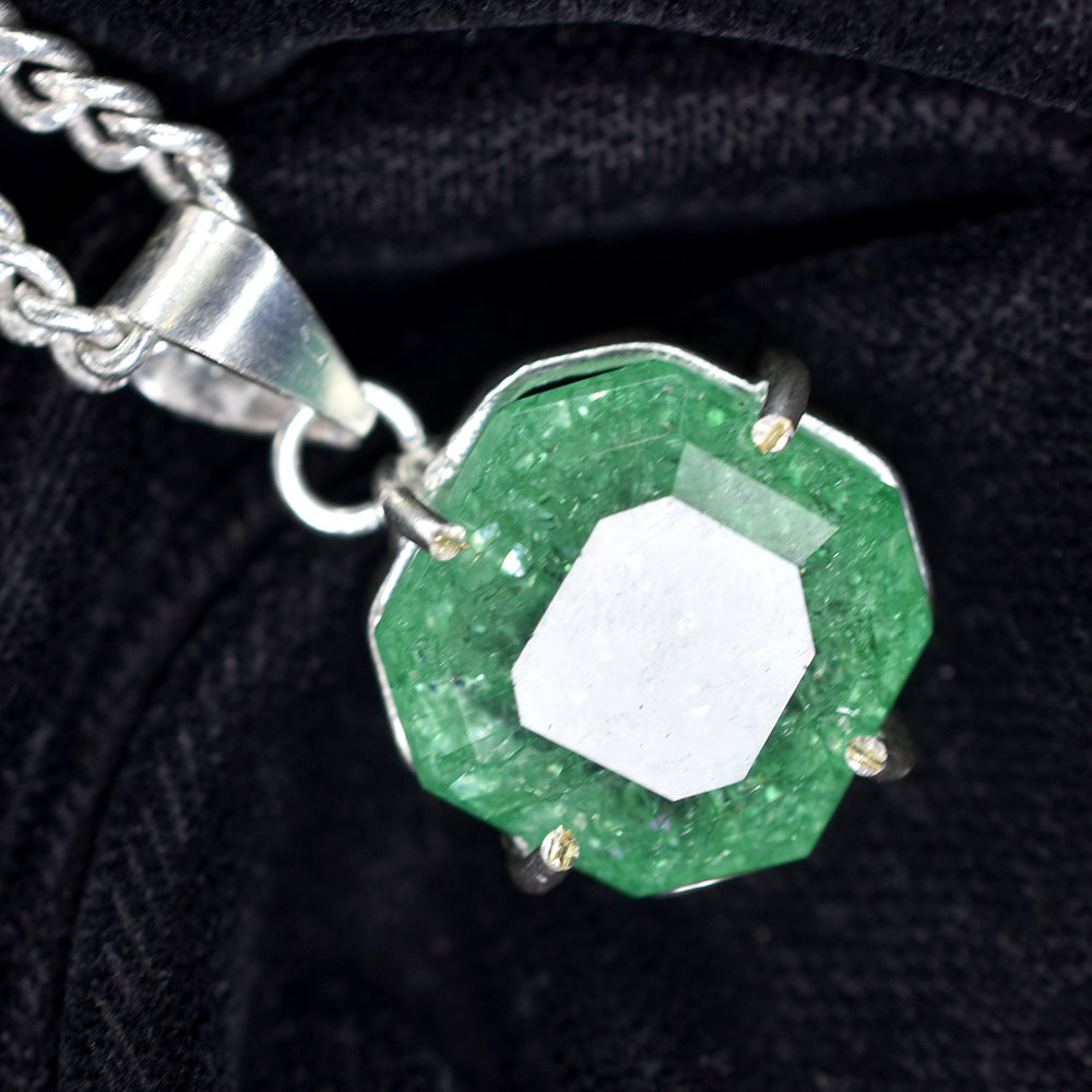 Zambian CERTIFIED 44 Ct Natural Green Emerald 925 Starling Silver Square Pendant