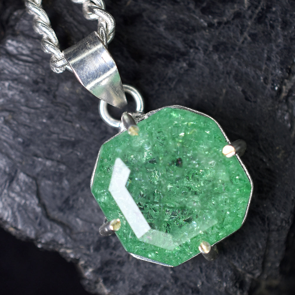 Zambian CERTIFIED 44 Ct Natural Green Emerald 925 Starling Silver Square Pendant