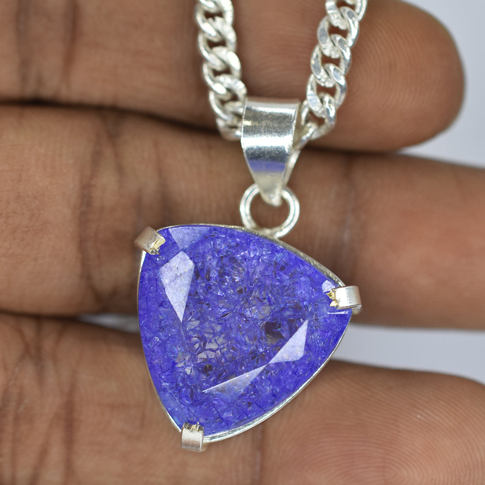 CERTIFIED 925 Starling Silver Pendant Gems 40 Ct Natural Trillion Sapphire Stone