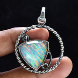 925 Sterling Silver CERTIFIED Natural Trillion Opal 30 Ct Gems Pendant