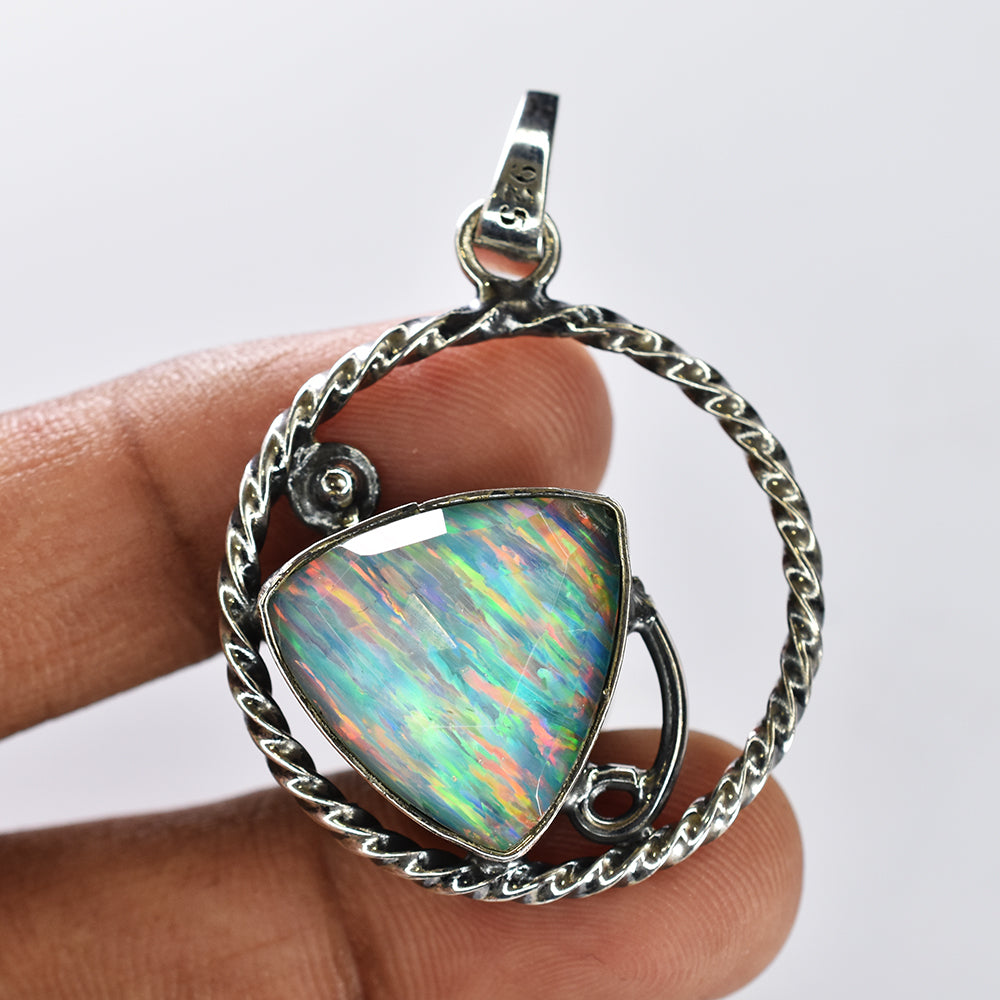 925 Sterling Silver CERTIFIED Natural Trillion Opal 30 Ct Gems Pendant