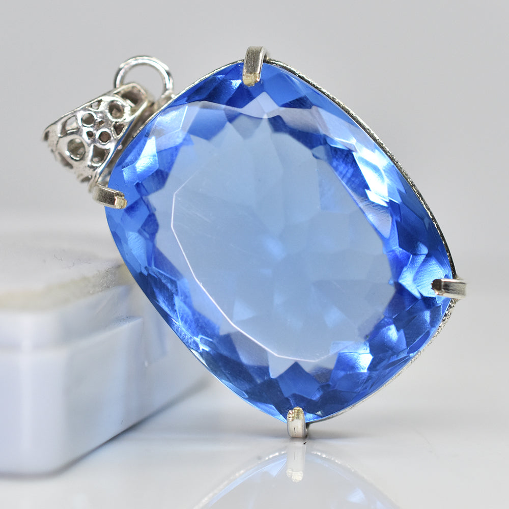 925 Sterling Silver Pendant 113 Ct Cushion Cut Natural Blue Topaz Gift For Dad