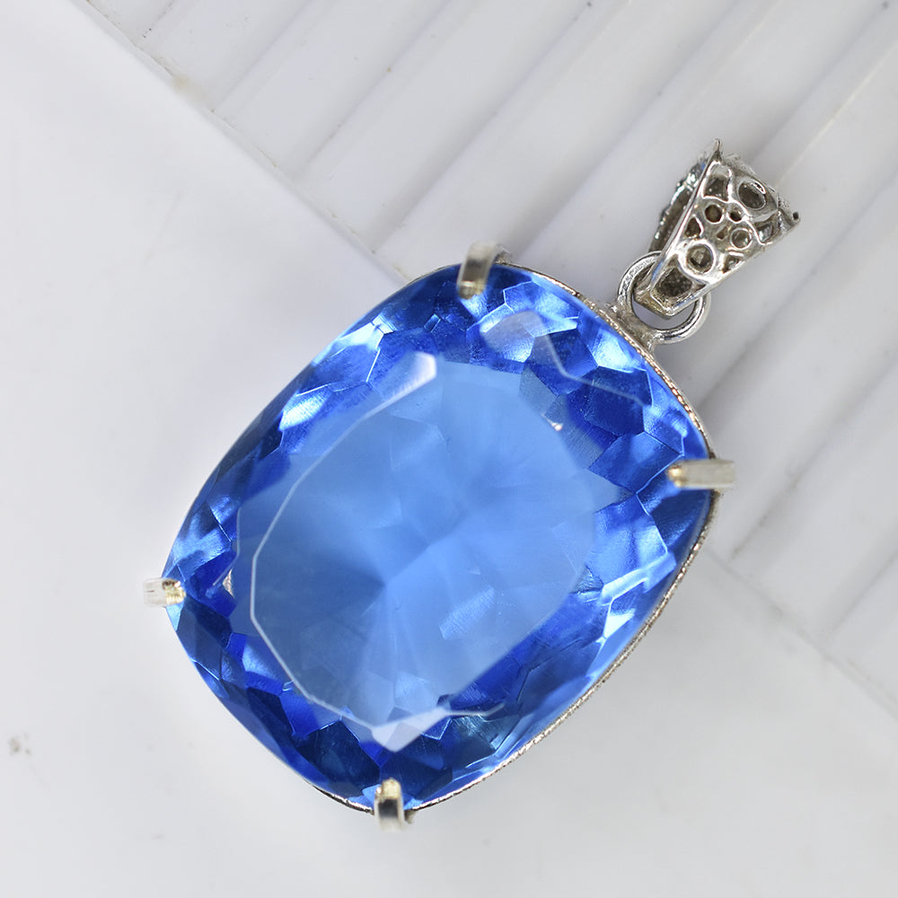 925 Sterling Silver Pendant 113 Ct Cushion Cut Natural Blue Topaz Gift For Dad
