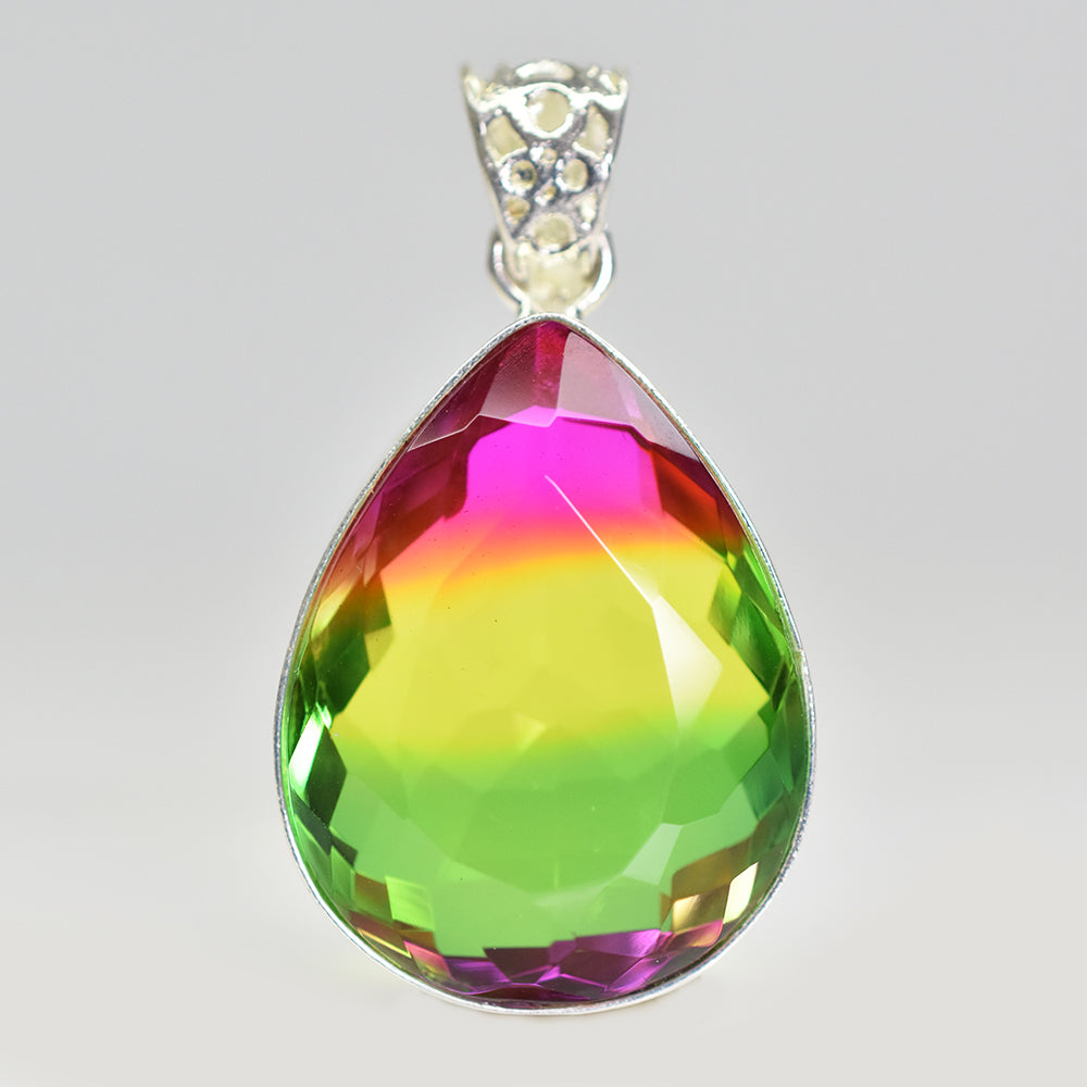 CERTIFIED 925 Sterling Silver 60 Ct Lab Created Bi-Color Tourmaline Gems Pendant