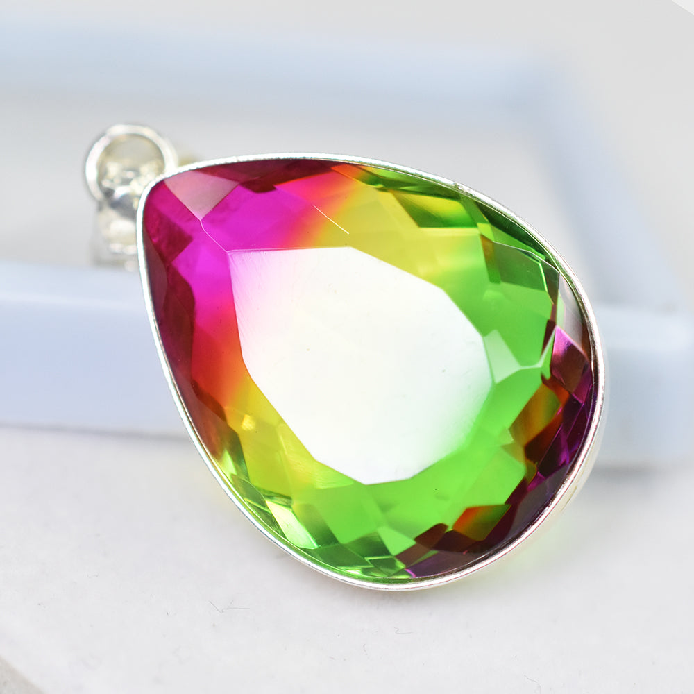CERTIFIED 925 Sterling Silver 60 Ct Lab Created Bi-Color Tourmaline Gems Pendant