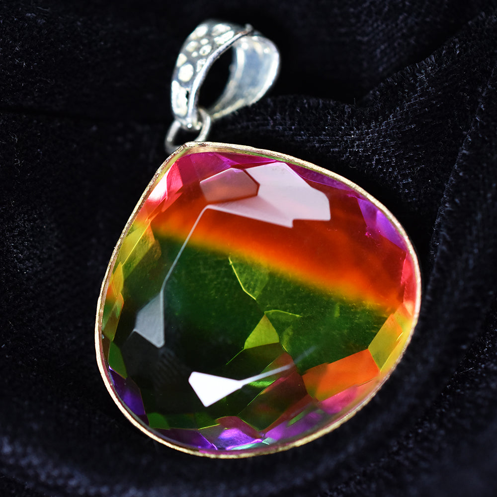 Lab Created 79Ct Bi-Color Tourmaline 925 Sterling  Silver Pendant Certified Gems