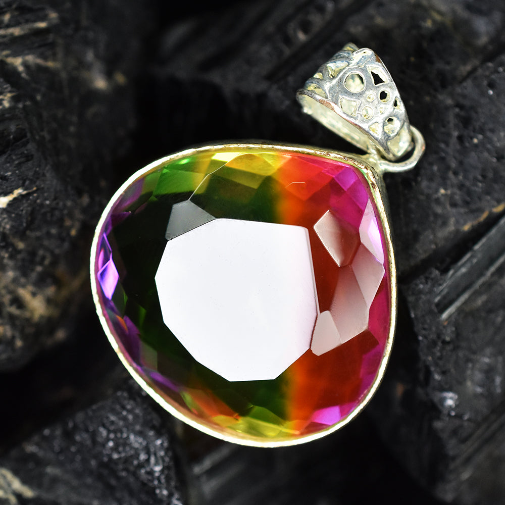 Lab Created 79Ct Bi-Color Tourmaline 925 Sterling  Silver Pendant Certified Gems