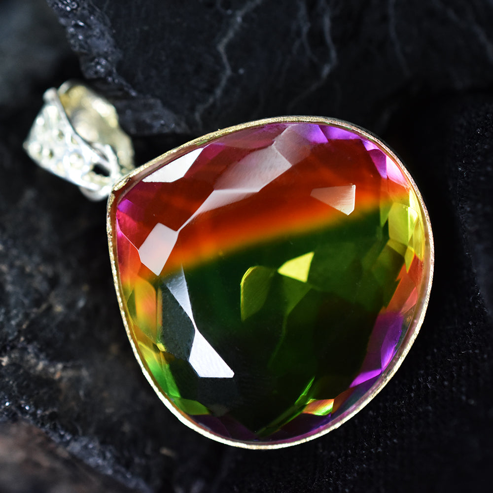 Lab Created 79Ct Bi-Color Tourmaline 925 Sterling  Silver Pendant Certified Gems